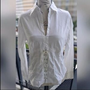 Vintage Joe Boxer White Cotton Corset Style V Neck Shirt Blouse Size Large